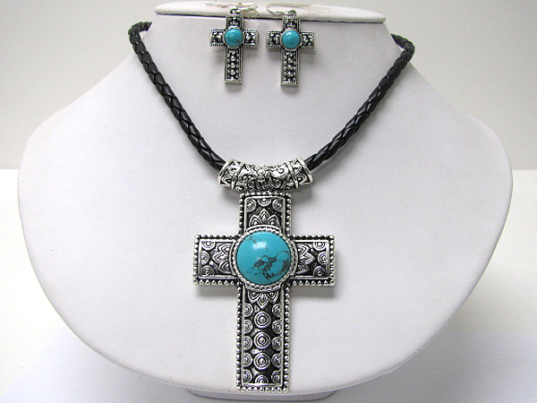 Natural stone deco textured metal cross pendant necklace earring set