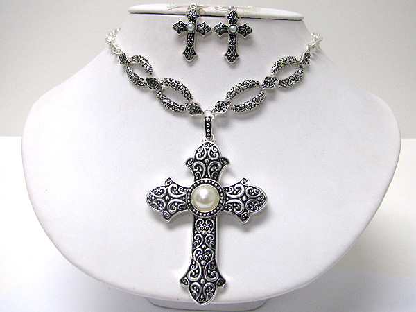 Natural stone deco textured metal cross pendant necklace earring set