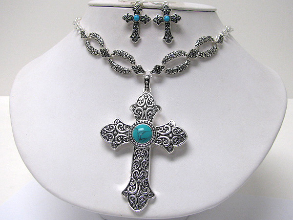 Natural stone deco textured metal cross pendant necklace earring set