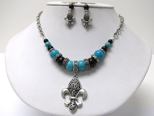 Fleur de lis pendant multi natural stone ball link necklace earring set