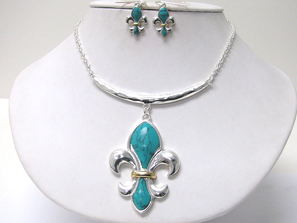 Natural stone deco fleur de lis pendant necklace earring set