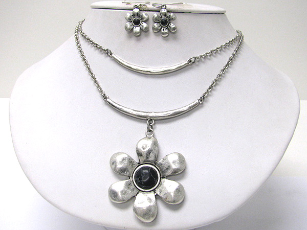 Natural stone deco flower pendant necklace earring set