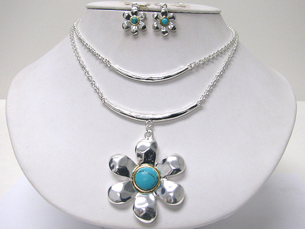 Natural stone deco flower pendant necklace earring set