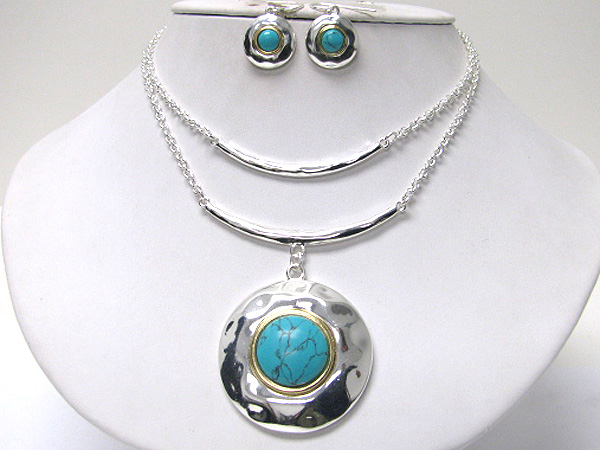 Natural stone deco round pendant necklace earring set