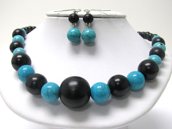 Turquoise and wooden ball mixed neckalce earring set