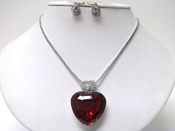 Crystal deco facet glass heart pendant necklace earring set