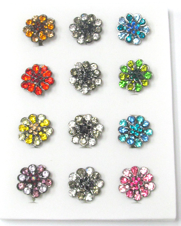 Assort color crystal flower rings -12 pc dozen pack mens jewelry