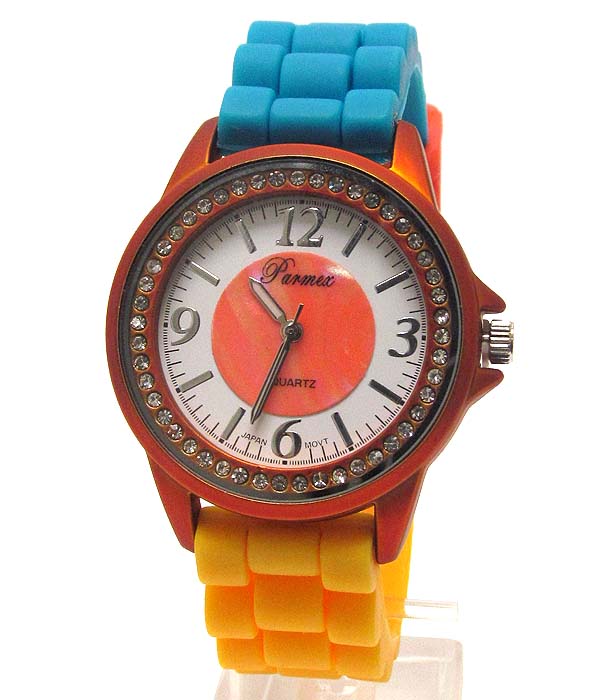 Crystal face deco and dual color rubber band crocodile style watch