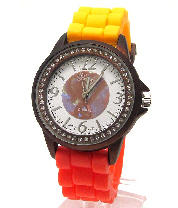 Crystal face deco and dual color rubber band crocodile style watch