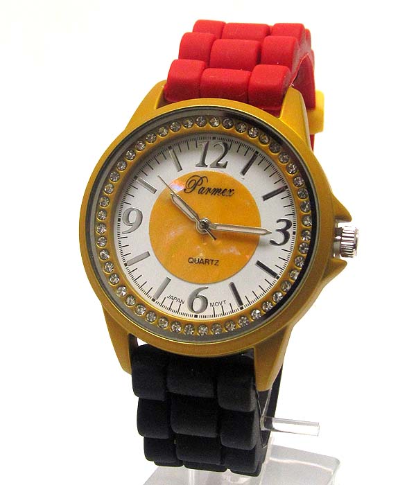 Crystal face deco and dual color rubber band crocodile style watch