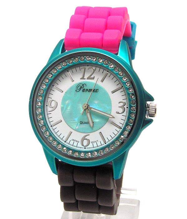 Crystal face deco and dual color rubber band crocodile style watch