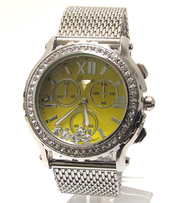 Floating crystal inside glass  metal mesh band watch