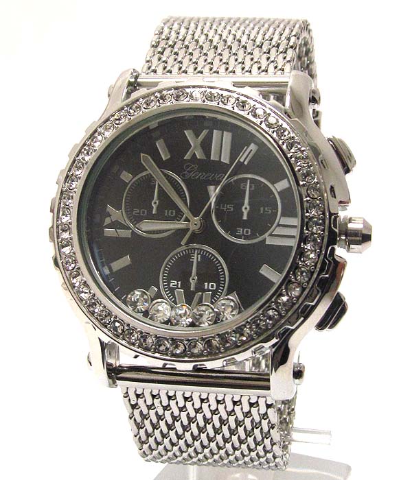 Floating crystal inside glass  metal mesh band watch