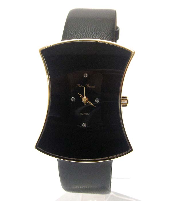 Crystal deco and curved square face leather band watch