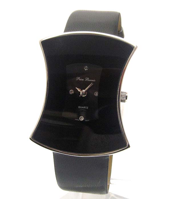 Crystal deco and curved square face leather band watch