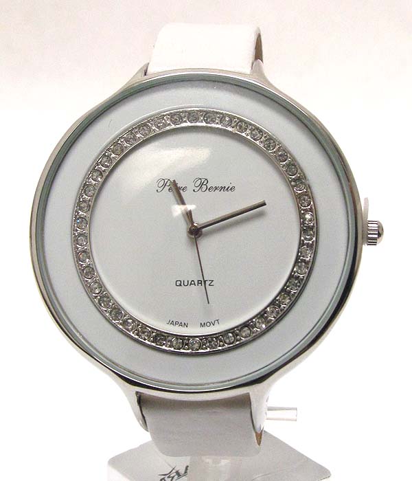 Crystal deco round face and leather band watch