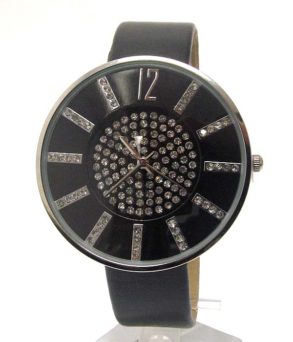 Multi crystal stud face large round and leather band watch