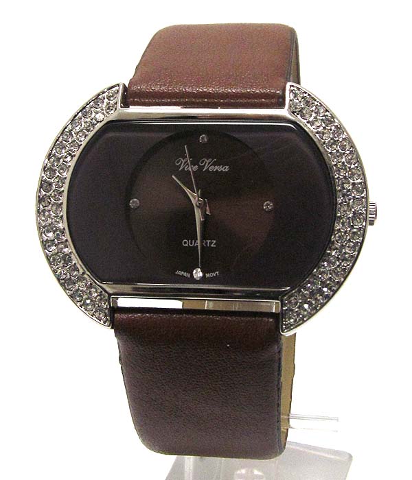 Crystal deco face and leather band watch