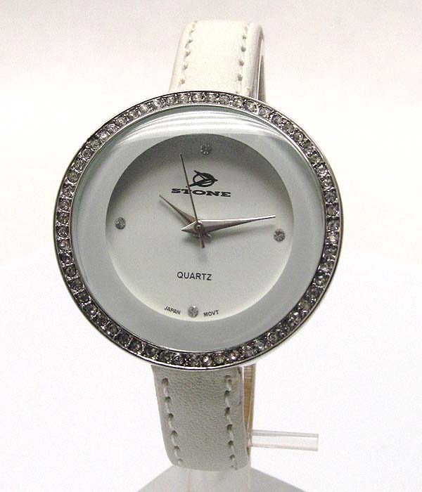 Crystal deco large round face and leather band watch