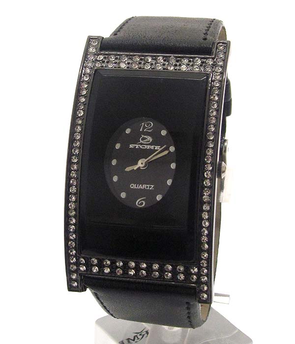 Crystal deco square face and leather band watch