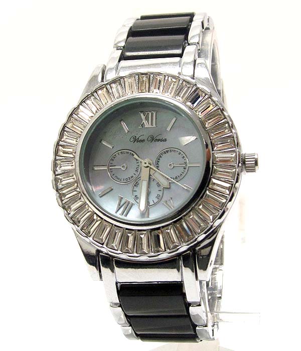 Swarovski baguette stone and mop deco face and two tone band michael kors style watch