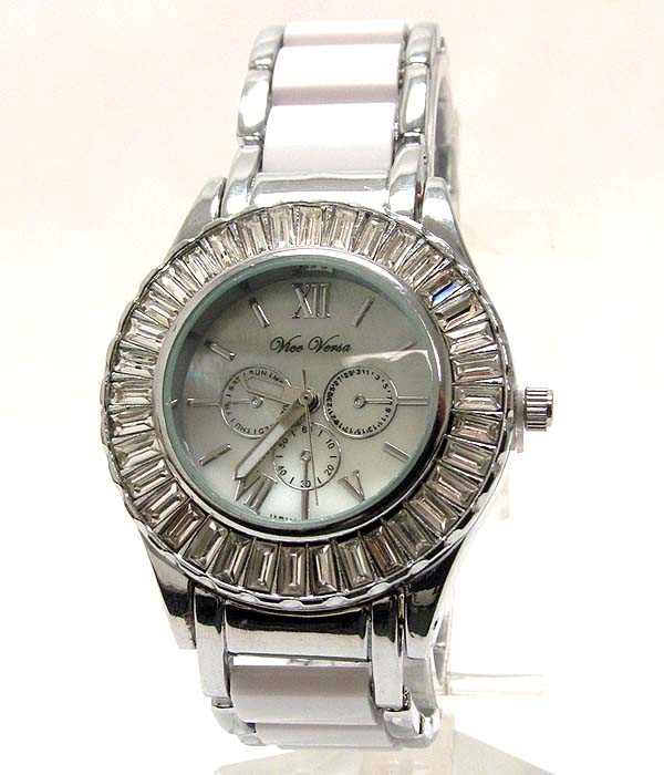 Swarovski baguette stone and mop deco face and two tone band michael kors style watch