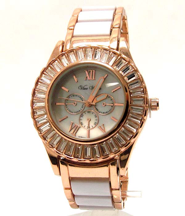 Swarovski baguette stone and mop deco face and two tone band michael kors style watch