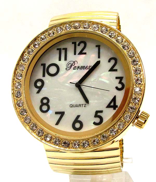 Crystal and mop deco face extra large face and stretch band watch