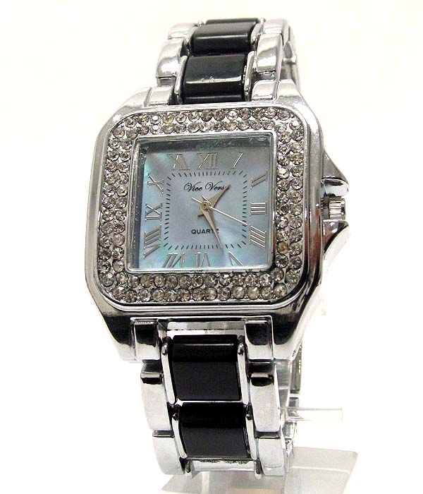 Crystal and mop deco face two tone band cartier style watch