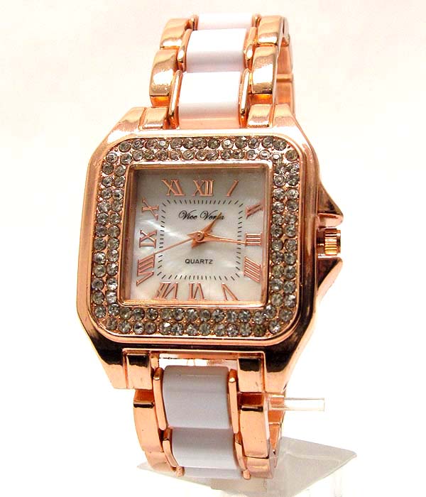 Crystal and mop deco face two tone band cartier style watch