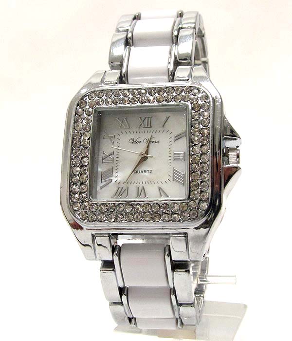 Crystal and mop deco face two tone band cartier style watch