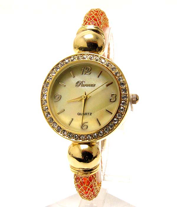 Swarovski and mop deco face and all stainless steel mesh tube band and crystal inside watch