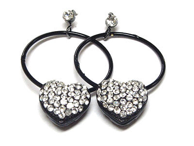 Crystal and enamel puffy heart drop hoop earring - hoops