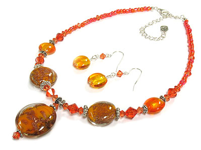 Murano style glass beads necklace and earring set