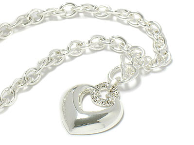 Crystal round link heart toggle necklace