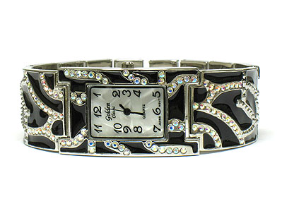 Enamel and crystal deco metal link fashion watch