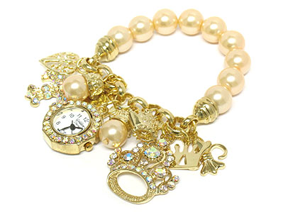 Crystal deco crown and multi charm danle pearl beads stretch bracelet