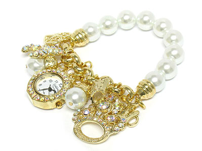 Crystal deco crown and multi charm danle pearl beads stretch bracelet