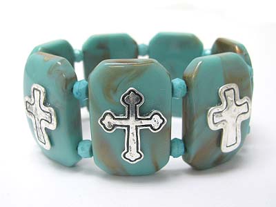 Metal cross marblic acryl link stretch bracelet 