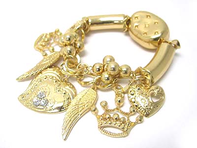 Crystal stud crown heart peace charm dangle metal bar link bracelet