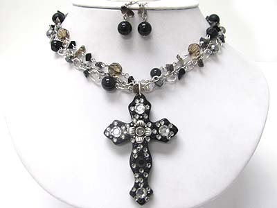 Flower deco cross pendant and double strand natural chip stone necklace earring set