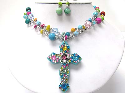 Flower deco cross pendant and double strand natural chip stone necklace earring set