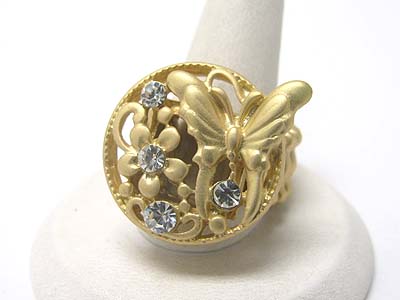 Crystal stud flower and butterfly deco round stretch ring