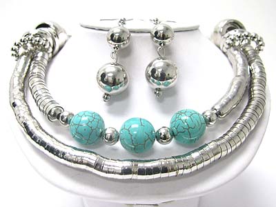 Turquoise ball and double strand 5mm snake chain necklace earring set