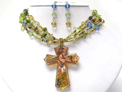 Murano glass art cross peandant multi strand chip stone necklace earring set