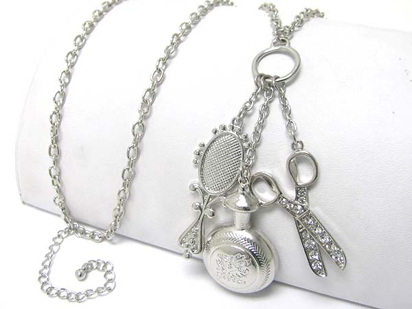 Beauty shop theme mirror perfume scissors charm long chain necklace