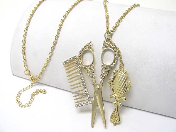 Beauty shop theme mirror comb scissors charm long chain necklace