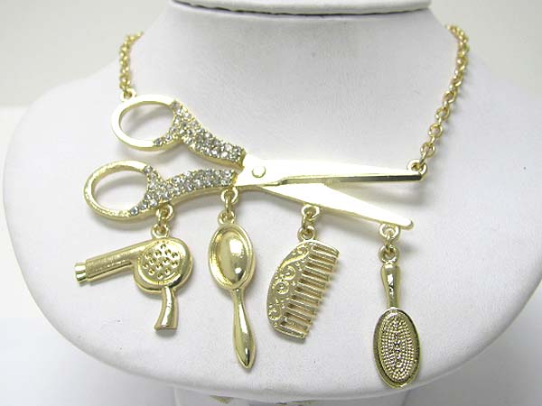 Beauty shop theme dryer brush comb mirror dangle large scissors link necklace