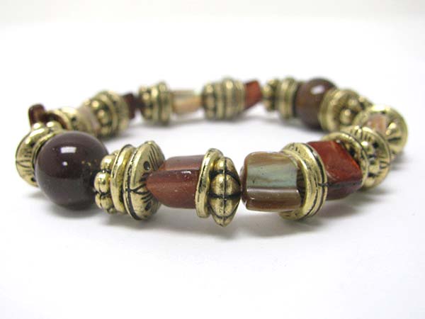 Ceramic ball and shell part burnish metal stretch bracelet 