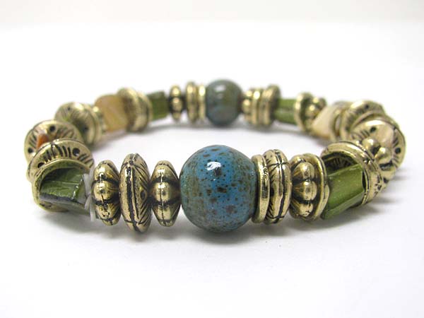 Ceramic ball and shell part burnish metal stretch bracelet 